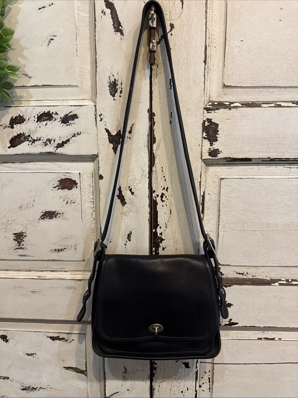 Vintage COACH 9061 Rambler's Legacy Black Leather Crossbody Bag Silver Hardware